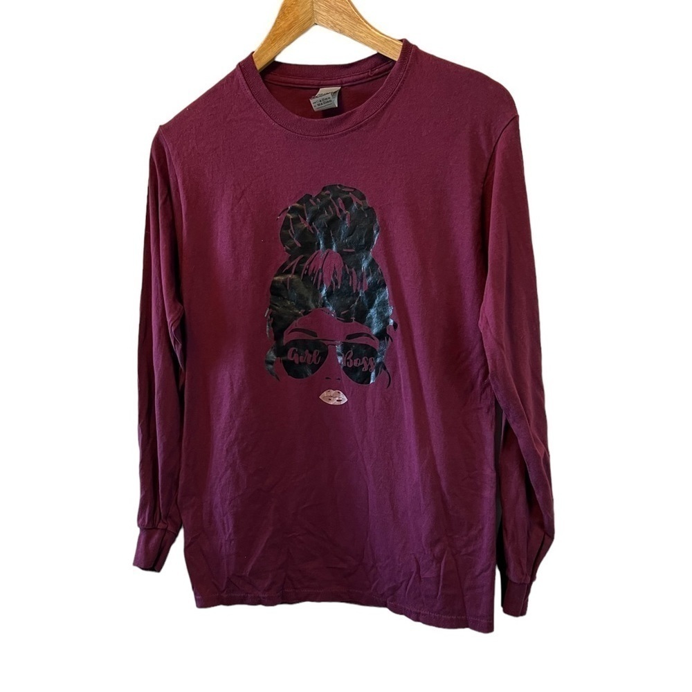 Dark Purple Graphic Print Cotton Long Sleeve Casual Tee Shirt S
